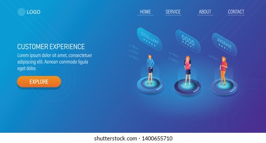 Customers sharing experience, Feedback from customers, Digital review and rating, 3D, isometric creative vector landing page with texts