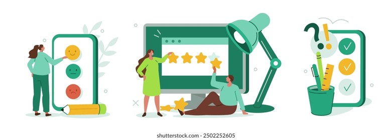 Customers sharing experience. Feedback, review, survey and FAQ service concept. Vector illustration.