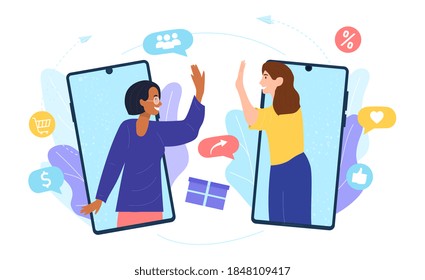 Customers sharing references and earning money. Mobile phones users chatting, exchanging gifts. Flat cartoon vector illustration for refer a friend, referrals, loyalty program, marketing concept