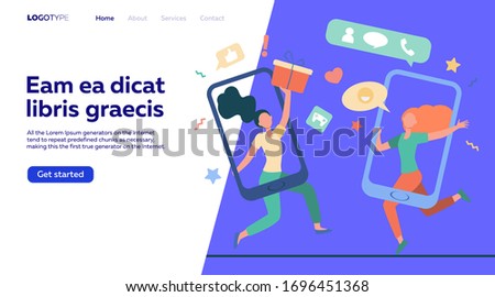 Customers sharing references and earning money. Mobile phones users chatting and exchanging gifts. Vector illustration for refer a friend, referrals, loyalty program, marketing concept