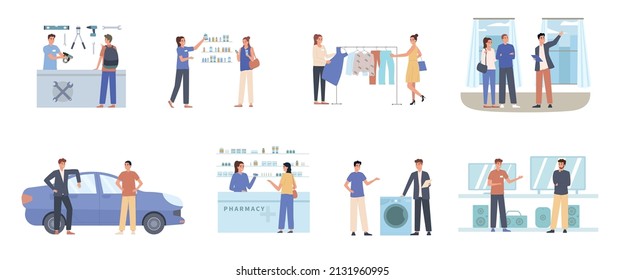 Customers and shop assistants flat icons with consultants and buyers in clothing tool and home appliance store isolated vector illustration