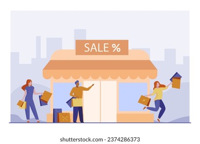 Customers with shopping bags outside shop vector illustration. Cartoon drawing of happy woman with discount purchases. Shopping, sale, Black Friday, commerce, marketing concept
