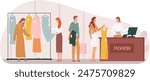 Customers shopping clothing store salesperson register. Women men browse through various garments examining dresses coats. Flat design fashion boutique illustration customers cashier