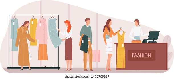 Customers shopping clothing store salesperson register. Women men browse through various garments examining dresses coats. Flat design fashion boutique illustration customers cashier