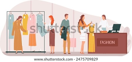 Customers shopping clothing store salesperson register. Women men browse through various garments examining dresses coats. Flat design fashion boutique illustration customers cashier