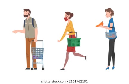 Customers shopping for groceries in supermarket set cartoon vector illustration