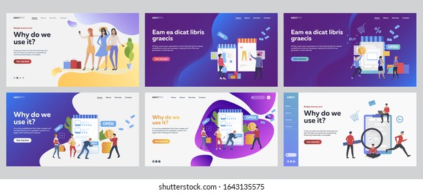 Customers shopping online set. Shoppers with bags buying clothes in internet store. Flat vector illustrations. Business, commerce concept for banner, website design or landing web page