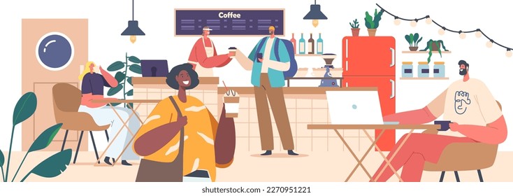 Customers Sitting Inside A Bustling Coffee Shop, Sipping Coffee, Working On Laptops, Socializing With Friends