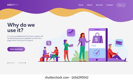 Customers with smartphones shopping online. Men and women buying goods at internet store sales. Vector illustration for e-commerce, security transfer payment concept