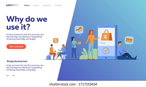 Customers with smartphones shopping online. Men and women buying goods at internet store sales. Vector illustration for e-commerce, security transfer payment concept