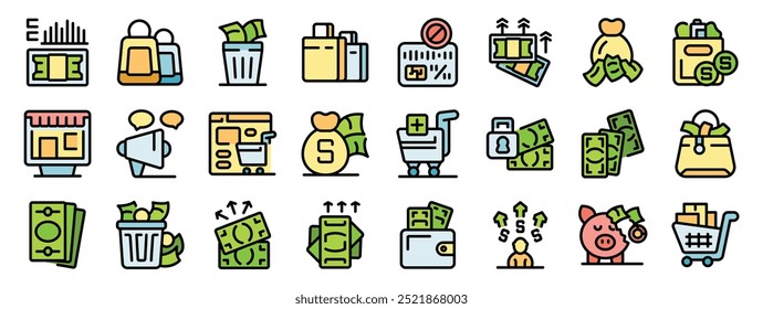 Customers are spending money increasing capital growth with shopping bags, online store, credit card, wallet, piggy bank, money icons set