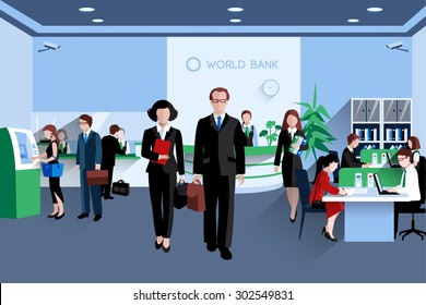 Customers and staff people in bank interior flat vector illustration