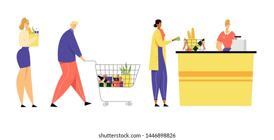 Customers Stand in Line at Grocery or Supermarket Turn with Goods in Shopping Trolley Put Buys on Cashier Desk for Paying, Purchases, Sale, Consumerism, Queue in Store Cartoon Flat Vector Illustration