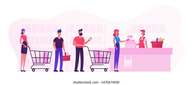 Customers Stand in Line at Grocery or Supermarket Turn with Goods in Shopping Trolley Put Buys on Cashier Desk for Paying. Purchases, Sale Consumerism, Queue in Store Cartoon Flat Vector Illustration