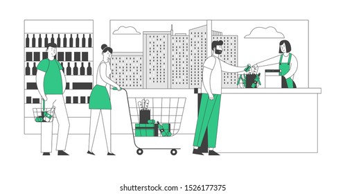 Die Kunden stehen in Linie bei Grocery oder Supermarkt mit Waren in Shopping Trolley Put Käufe auf Kasse Tisch für die Zahlung. Kaufen Verkauf, Warteschlange im Geschäft. Cartoon Flache Vektorillustration Illustration, Line Art