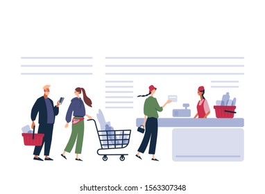 Customers Stand in Line at Grocery or Supermarket Turn with Goods in Shopping Trolley Put Buys on Cashier Desk for Paying. Purchases, Sale Consumerism, Queue in Store Cartoon Flat Vector Illustration.