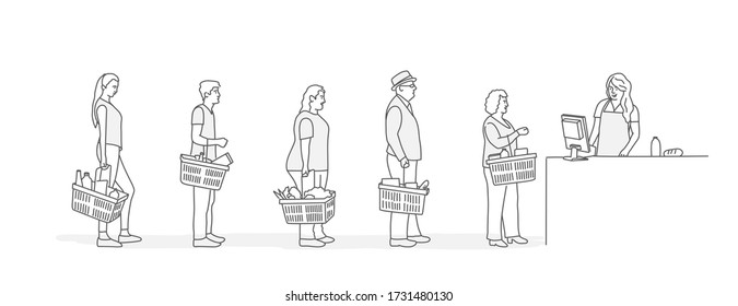 Customers stand in line at grocery or supermarket. Put buys on cashier desk for paying. Line drawing vector illustration.