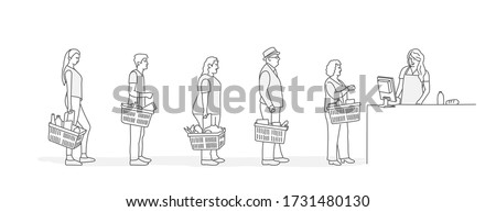 Customers stand in line at grocery or supermarket. Put buys on cashier desk for paying. Line drawing vector illustration.