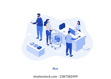 Customers Stand in Line at store or Supermarket Turn with Goods in Shopping Trolley Put Buys on Cashier Desk for Paying. Purchases, Sale Consumerism, Queue in Store Cartoon Flat Vector Illustration