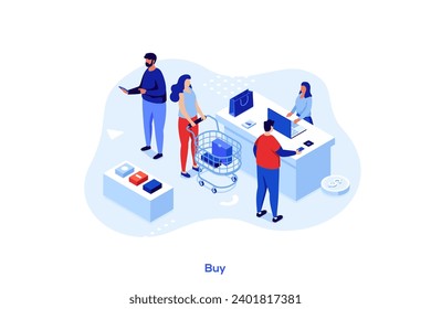 Customers Stand in Line at store or Supermarket Turn with Goods in Shopping Trolley Put Buys on Cashier Desk for Paying. Purchases, Sale Consumerism, Queue in Store Cartoon Flat Vector Illustration