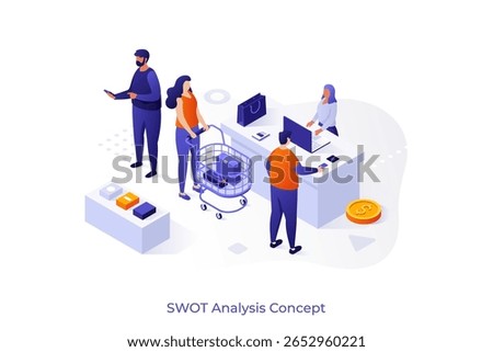 Customers Stand in Line at store or Supermarket Turn with Goods in Shopping Trolley Put Buys on Cashier Desk for Paying. Purchases, Sale Consumerism, Queue in Store Cartoon Flat Vector Illustration