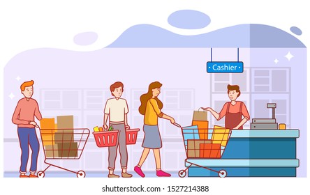 Customers Stand in Line at Supermarket or Department Store with Goods in Shopping Trolley on Cashier Desk for Paying. Purchases and Queue at the Cashier, Queue in Store, Cartoon Flat Vector design