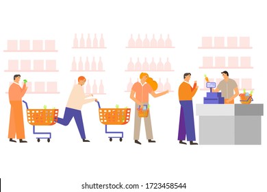 Customers Stand in Line at  Supermarket Turn with Goods in Shopping.