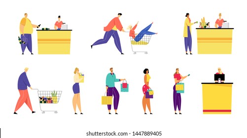 Customers Stand in Queue in Supermarket and Grocery with Goods in Shopping Paper Bags and Trolley at Cashier Desk Paying for Purchases Credit Cards. Sale, Consumerism. Cartoon Flat Vector Illustration