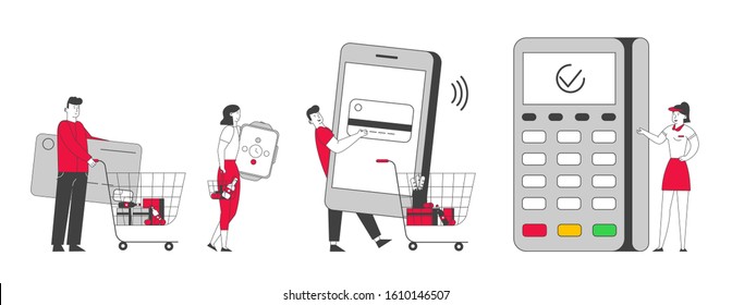 Customers Stand in Queue in Supermarket Prepare Credit Card, Smart Watch and Smartphone for Cashless Paying at Cashier desk. Saleswoman Hold Pos Terminal. Cartoon Flat Vector Illustration, Line Art