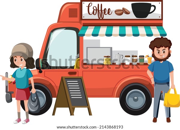 Customers standing\
by coffee truck\
illustration