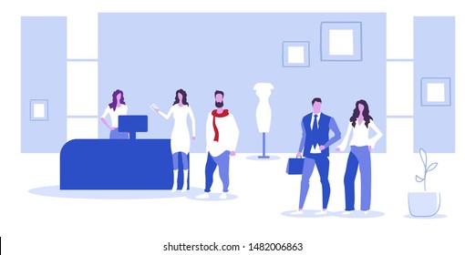 customers standing at cash desk counter people choosing clothes big sale concept fashion boutique interior sketch horizontal full length