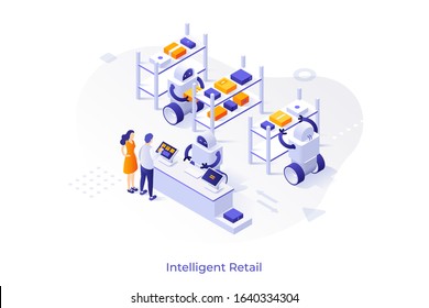 Customers Standing At Counter And Robots Selling Goods And Working At Warehouse. Concept Of Intelligent Retail, Online Store With Robotic Fulfillment System. Modern Isometric Vector Illustration.