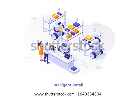 Customers standing at counter and robots selling goods and working at warehouse. Concept of intelligent retail, online store with robotic fulfillment system. Modern isometric vector illustration.