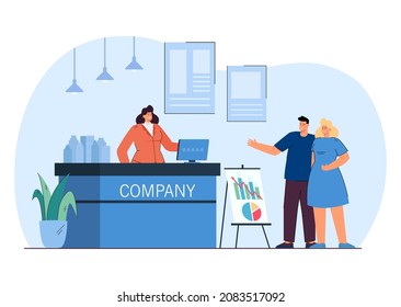 Customers standing at information desk of tradeshow event. People visiting exhibition of products in hall of expo business center flat vector illustration. Fair, demonstration of exhibits concept