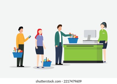 Customers standing in line at supermarket 2d vector illustration concept for banner, website, illustration, landing page, flyer, etc.