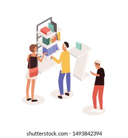 Customers standing near commercial promotional stand or shelves with books and talking to consultant. People at literature fair, exhibition or marketplace. Colorful isometric vector illustration.