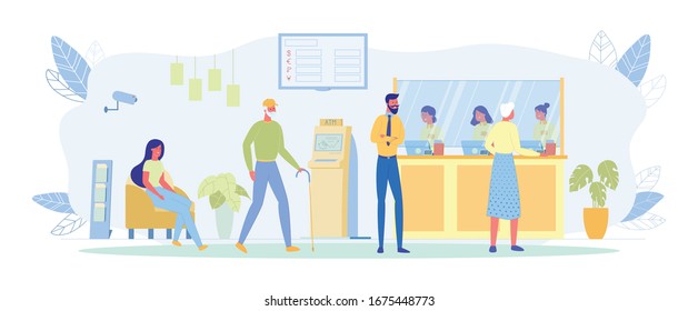 Customers Standing In Queue To Bank Employees Flat Cartoon Vector Illustration. People Waiting In Line To Cash Desk. Old Woman Talkin To Office Worker. Bank Interior With Furniture And ATM.