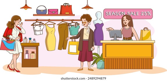 Customers standing in queue to counter with shop assistant. People waiting in line in retail store to buy fashion clothes. Buyers with purchases inside modern mall. Colored flat vector illustration
