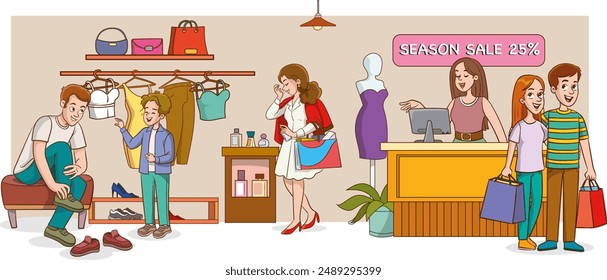 Customers standing in queue to counter with shop assistant. People waiting in line in retail store to buy fashion clothes. Buyers with purchases inside modern mall. Colored flat vector illustration
