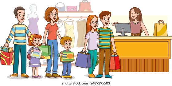 Clientes haciendo cola para contraatacar con el asistente de taller. Personas esperando en la cola de la tienda para comprar ropa de moda. Compradores con compras dentro del centro comercial moderno. Ilustración vectorial plana de color
