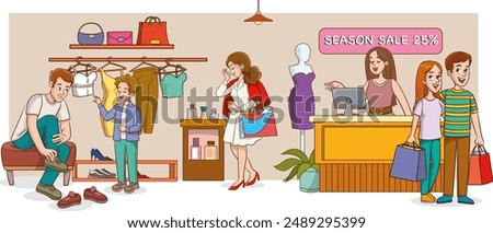 Customers standing in queue to counter with shop assistant. People waiting in line in retail store to buy fashion clothes. Buyers with purchases inside modern mall. Colored flat vector illustration
