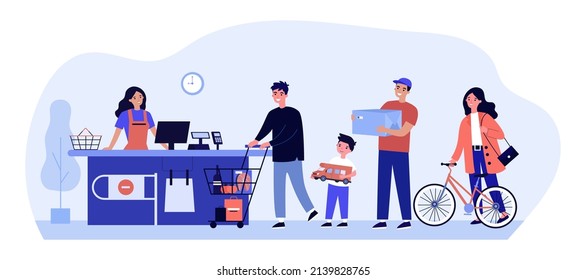 Customers Standing In Queue At Supermarket Checkout. Female And Male Characters With Purchases Waiting Flat Vector Illustration. Grocery Shop Concept For Banner, Website Design Or Landing Web Page