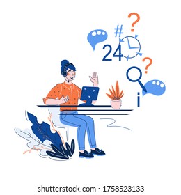 Los clientes admiten y los clientes envían comentarios al operador del centro de llamadas con auriculares con personaje femenino.  Servicios al cliente y asistencia telefónica, banner de información o logotipo. Ilustración vectorial de dibujos animados aislada.