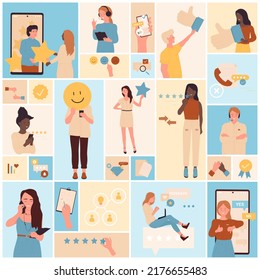 Customers support and review set vector illustration. Cartoon people rate experience, clients vote for product or service in social media, square collage background. Feedback, credibility concept