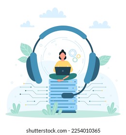 Customers support service vector illustration. Cartoon tiny woman sitting with laptop on computer equipment near big headphones, online tech advices from female operator of call center to clients