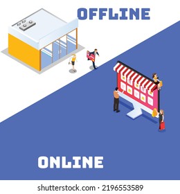 customers switching from offline to online shopping isometric 3d vector illustration concept for banner, website, illustration, landing page, flyer, etc.