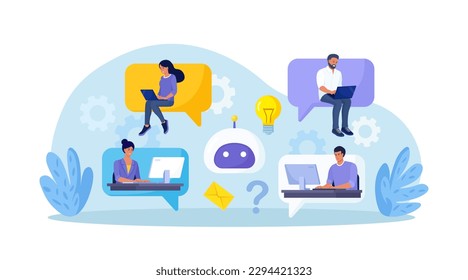 Customers talking with chatbot. People chatting with robot, asking questions and receiving answers. Artificial Intelligence in marketing. FAQ. Chat bot virtual assistant. Customer support