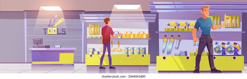 Customers in tools store, hardware construction shop with cashier desk. Men buyers choose goods on showcase shelves with diy instruments for carpentry or maintenance works. Cartoon vector illustration