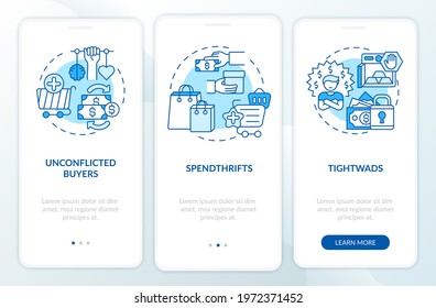 Customers types onboarding mobile app page screen with concepts. Spendthrifts, curmudgeons walkthrough 3 steps graphic instructions. UI, UX, GUI vector template with linear color illustrations