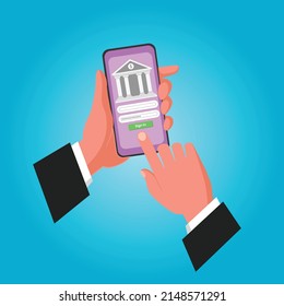 Customers use mobile banking for business transactions. Colored flat graphic vector illustration.